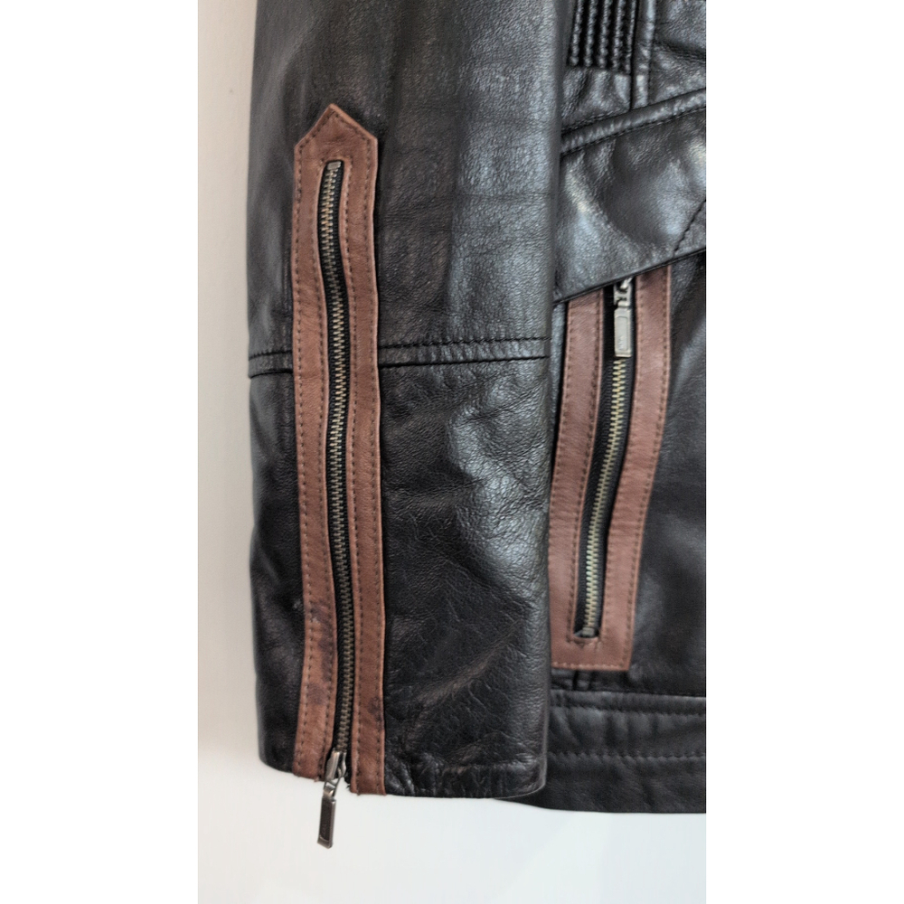 Danier Black & Brown Insulated zip up Leather Jacket w hood size 2XS p2p18" - Picture 2 of 8